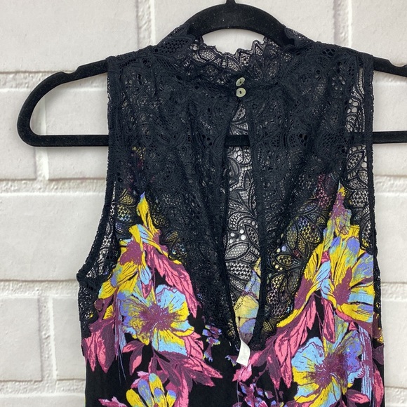 Free People Marsha Printed Lace Neck Onyx Combo Black High Neck Floral Dress XS - Picture 10 of 11